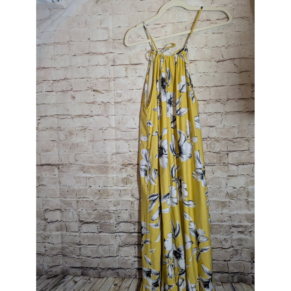 Banana Republic Maxi Dress Women's 4 Yellow Florals Halter Neck Tie Back Pockets
